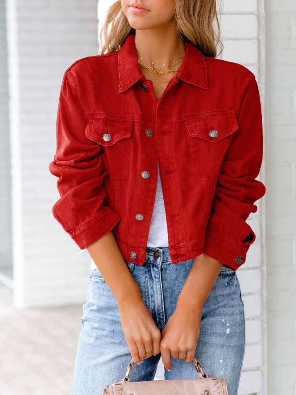 Women’s Red Denim Jacket Long Sleeve Lapel Stitching Short Jean Coat